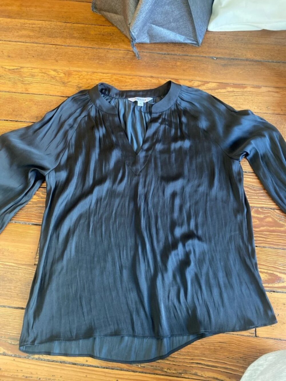 Black Pleated Blouse Puff Sleeve Split Neck